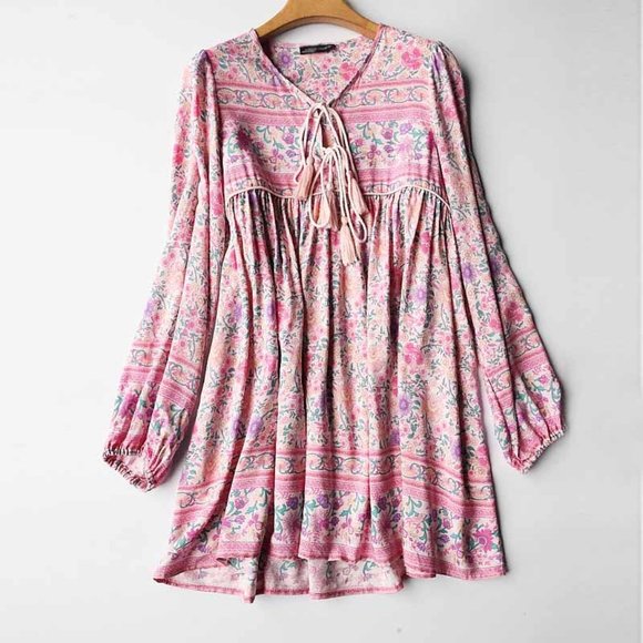 Boho Chic Gypsy Floral Print Mini Dress - Picture 7 of 8